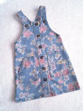 Girls Wonder Nation Floral Denim Jumper Dress Button Up Pink Rose Cottagecore 4T